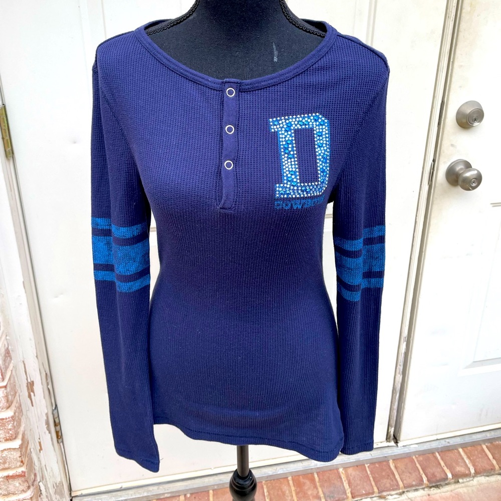 Cowboys Her Style, Long Sleeve, Blue, Ribbed Top, Size S